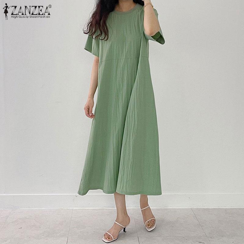 

ZANZEA Женщины O-образный вырез Короткое рукавное платье Летняя мода Повседневная длинная одежда