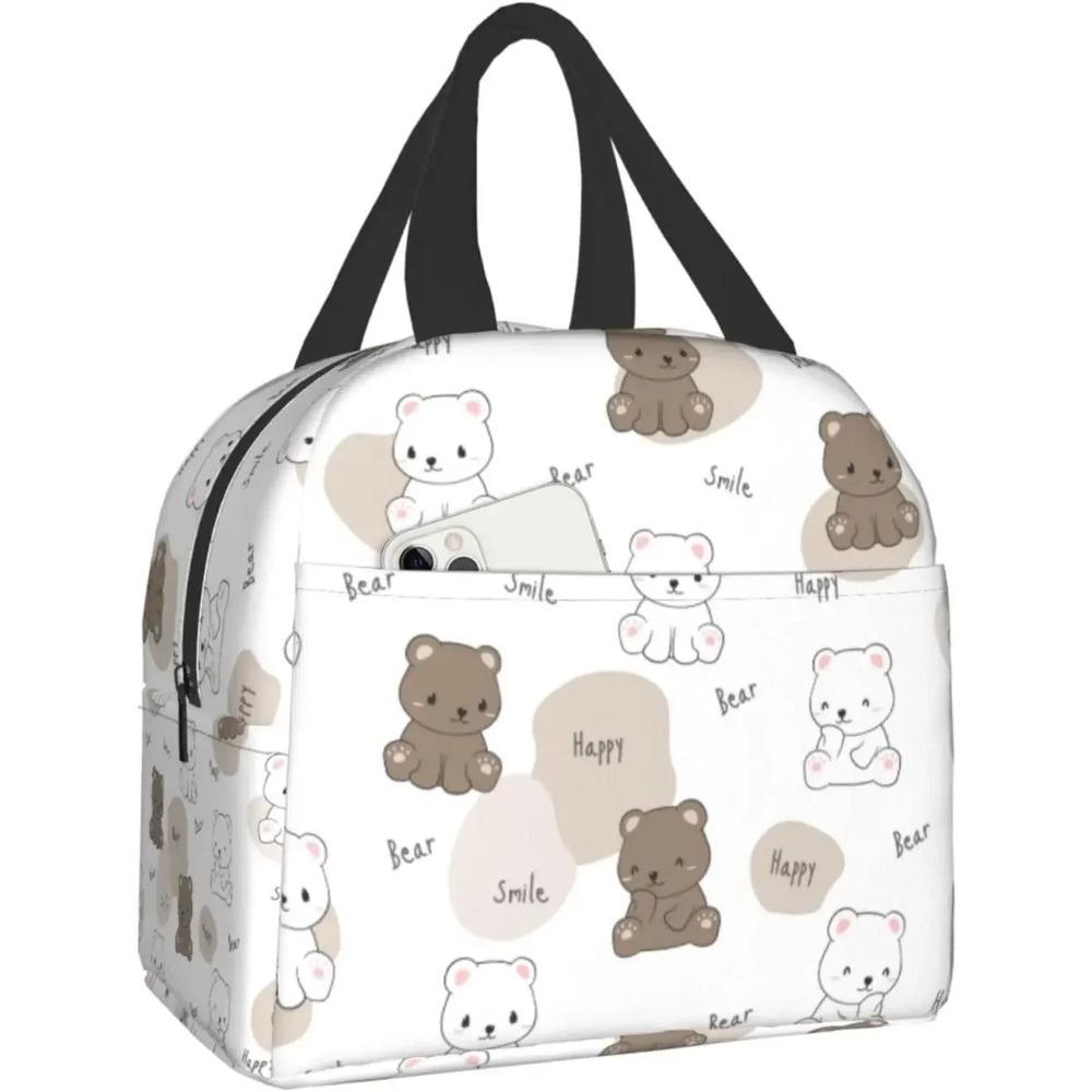 Cute Bear with Coffee Lunch Bento Box Insulated Lunch Boxes Reusable Waterproof Lunch Bag with Pocket for Travel Office Picnic