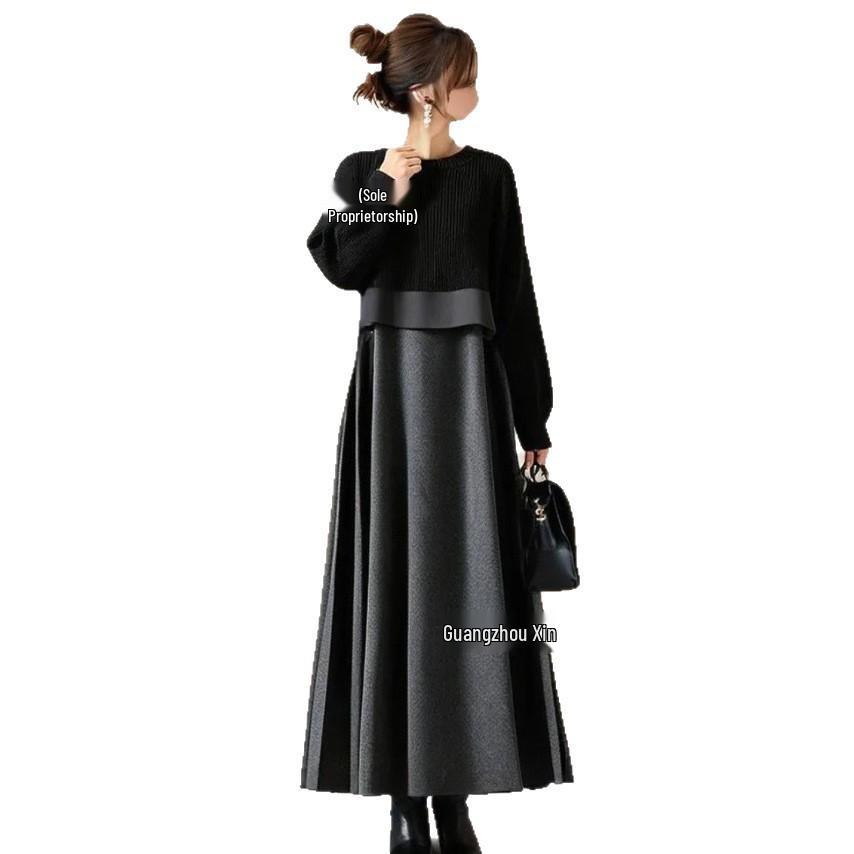 2025 High-End Plus Size Black Knit Patchwork Long Sleeve Dress