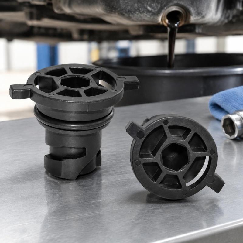 111116RC2B Black Automotive Oil Drain Closure with Two Opposing Grips, Recessed Center Drive, and Round Engineering Plastic Body