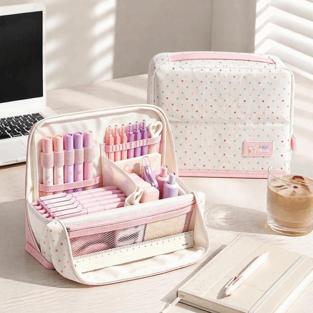Large Capacity Magnetic Standing Pencil Case Portable Multi-layer Polka Dot Pen Bag Multifunctional Large Opening Stationery Bag