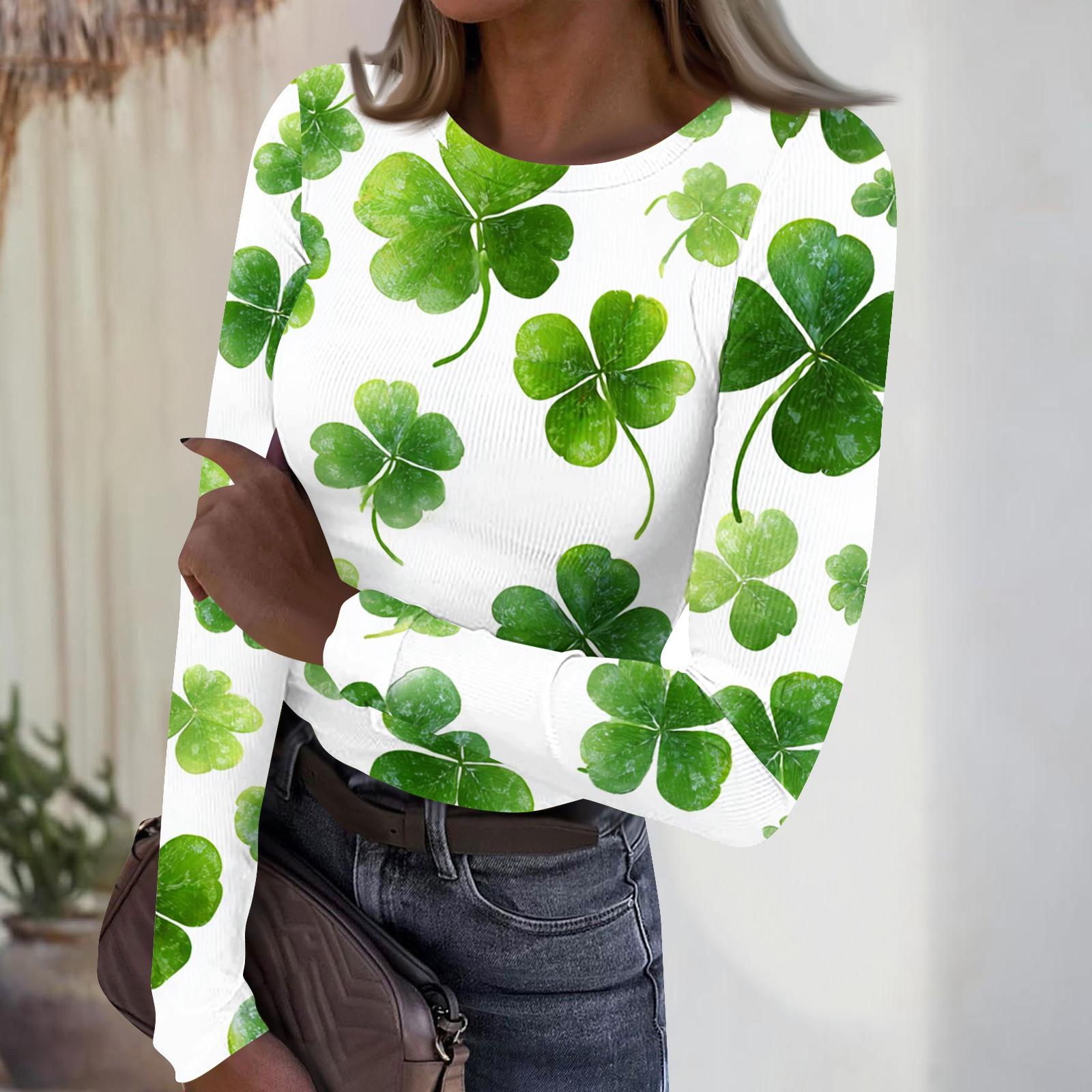 

Women s Casual Fashion Round Neck St. Patrick s Day Print Long Sleeve Ribbed Top L білий