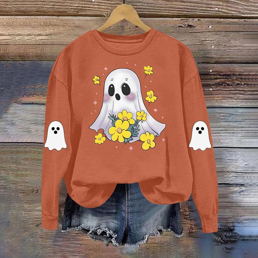 Women's Fashionable Casual Long-sleeved Halloween Printed Round-neck Top