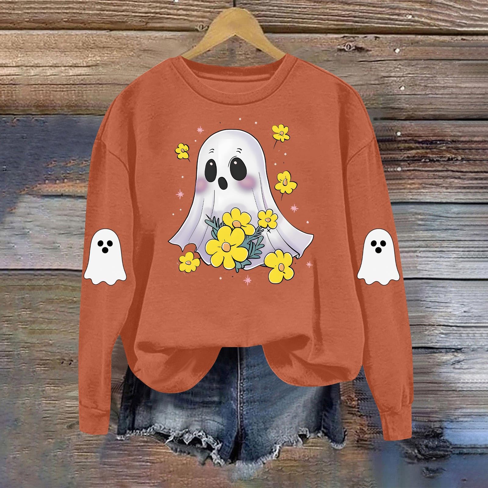 

Женская модная повседневная толстовка с длинным рукавом и принтом на Хэллоуин, с круглым вырезом XXL шафрановый