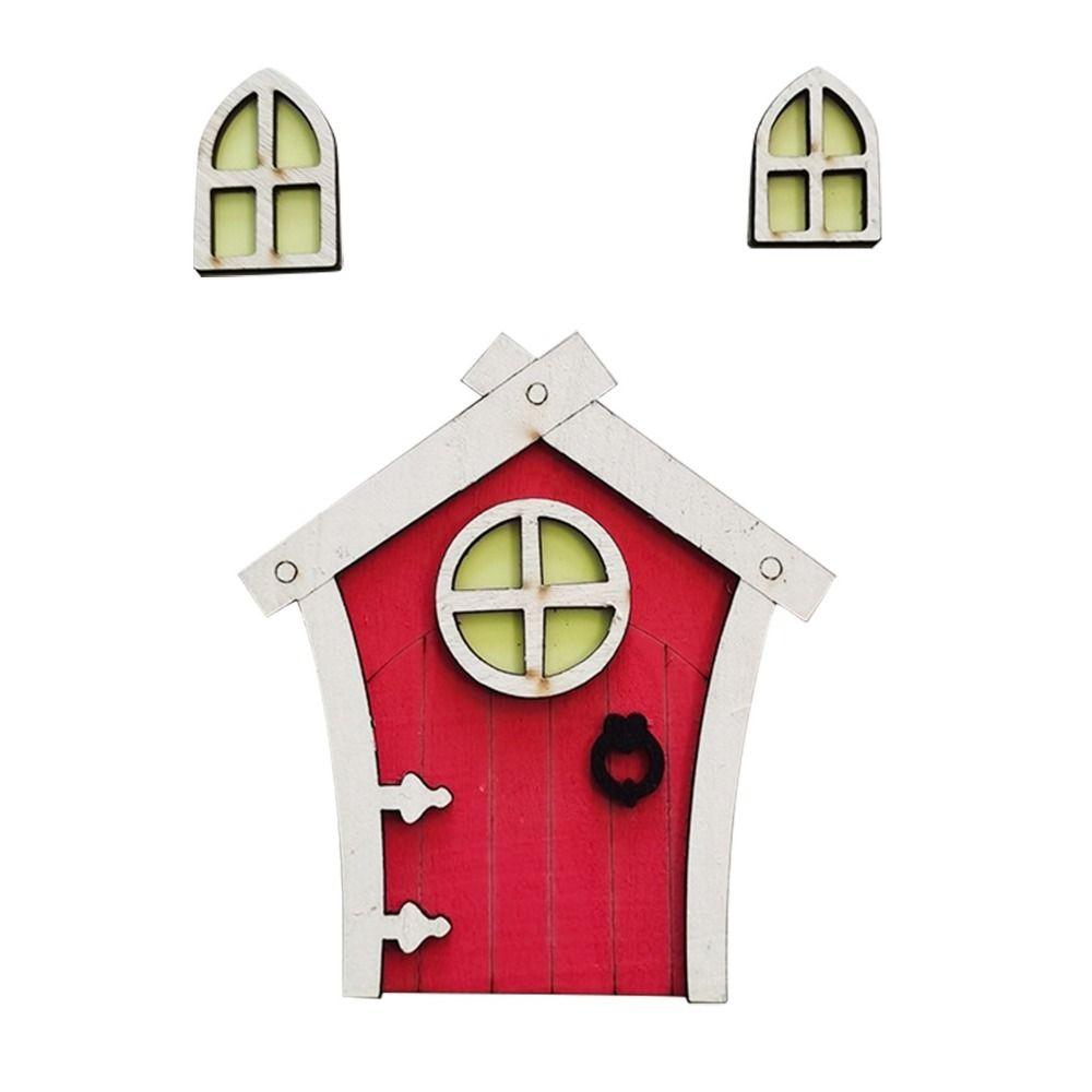 Cute Wooden House Miniatures Cartoon Fairy Door Ornaments Fluorescent Elf Door Decor Gifts