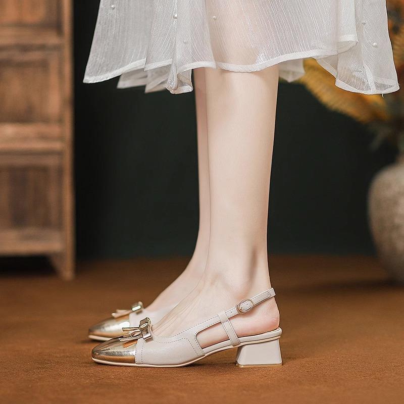 Fashion Colorblock Wrapped Toe Square Heel Sandals Summer Square Toe Open Toe Bow Slip Strap Anti-Slip Wear-Resistant Kitten Heels