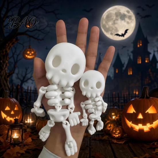 White Metallic Decor 3D Printed Cute Skeleton Figurine, Articulated Halloween Decor, Skull Ornaments Set Ornament with Movable Joints for Desktop Home