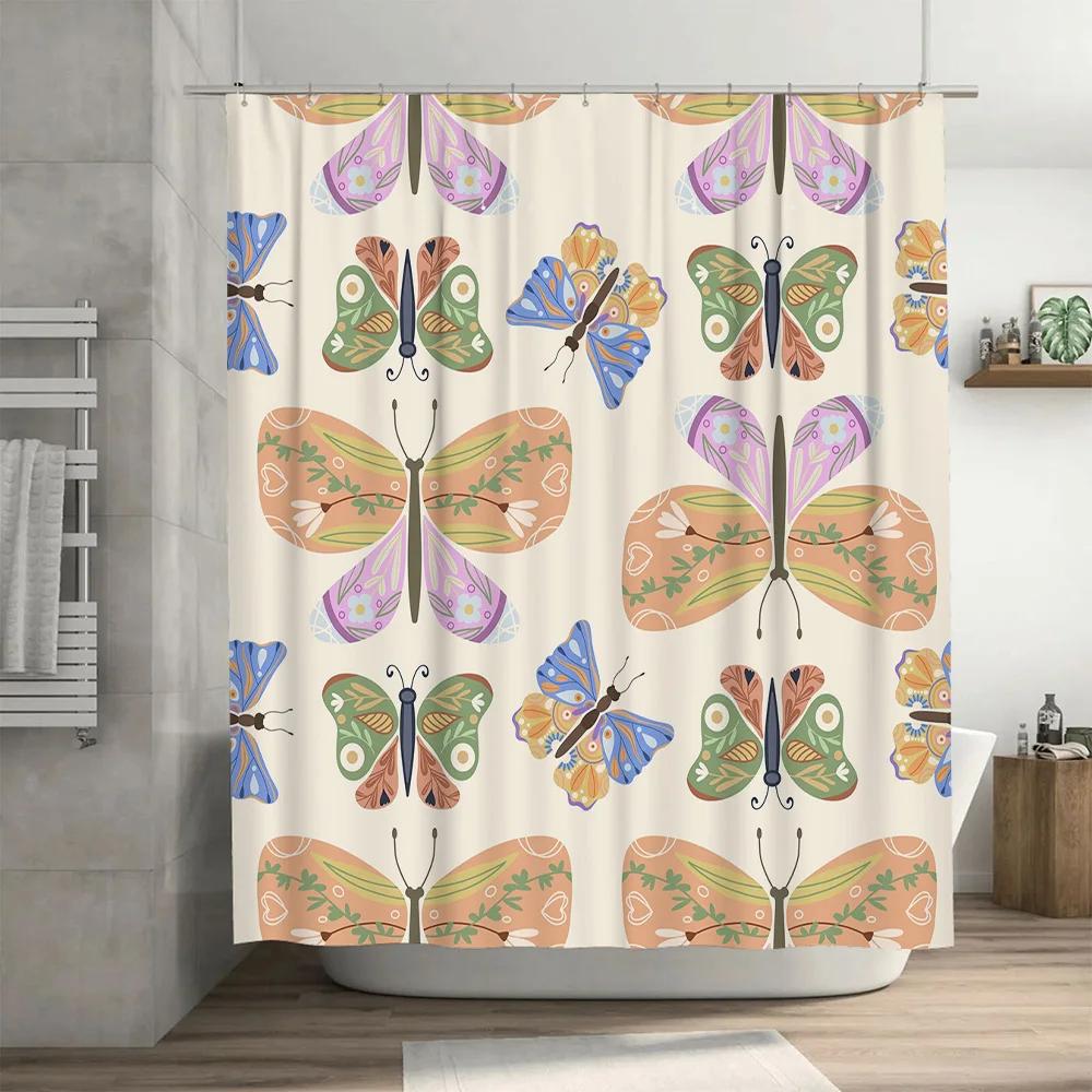 Butterfly Pattern Shower Curtain, Waterproof Fabric, Bathroom Decoration For Kids Bathrooms Peach Green Blue Purple Colorful But