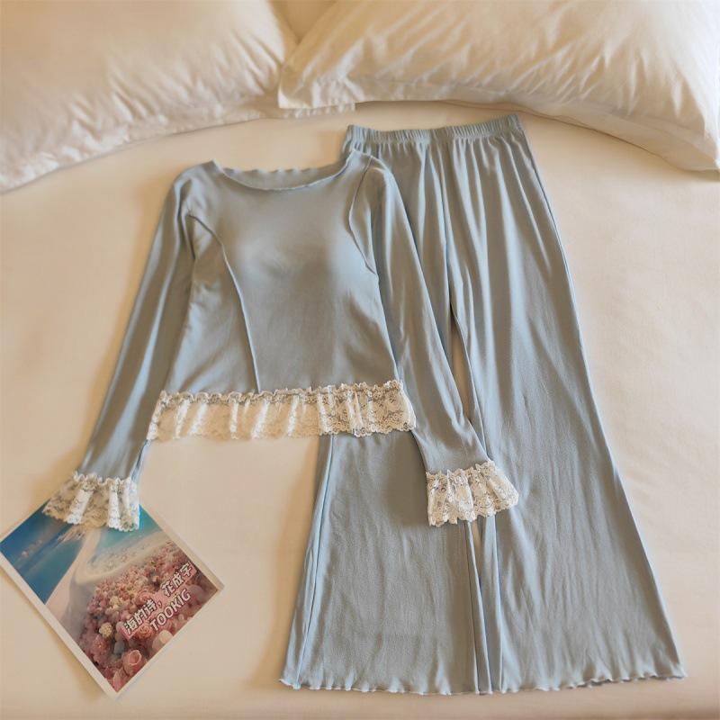 Women's Lace-Trim Pajama Set with Chest Pads - Long Sleeve & Pants, Sweet Influencer Style, Cotton Homewear for All Seasons