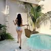 Korean Ins Girl Sexy Fresh Blue Plaid Bikini Small Chest Split Lace Gauze Skirt Three-piece Swimsuit