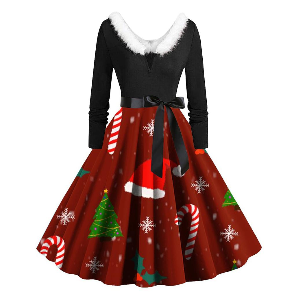 Women's Casual Christmas Print Round Neck Pullover High Waist Long Sleeve Dress