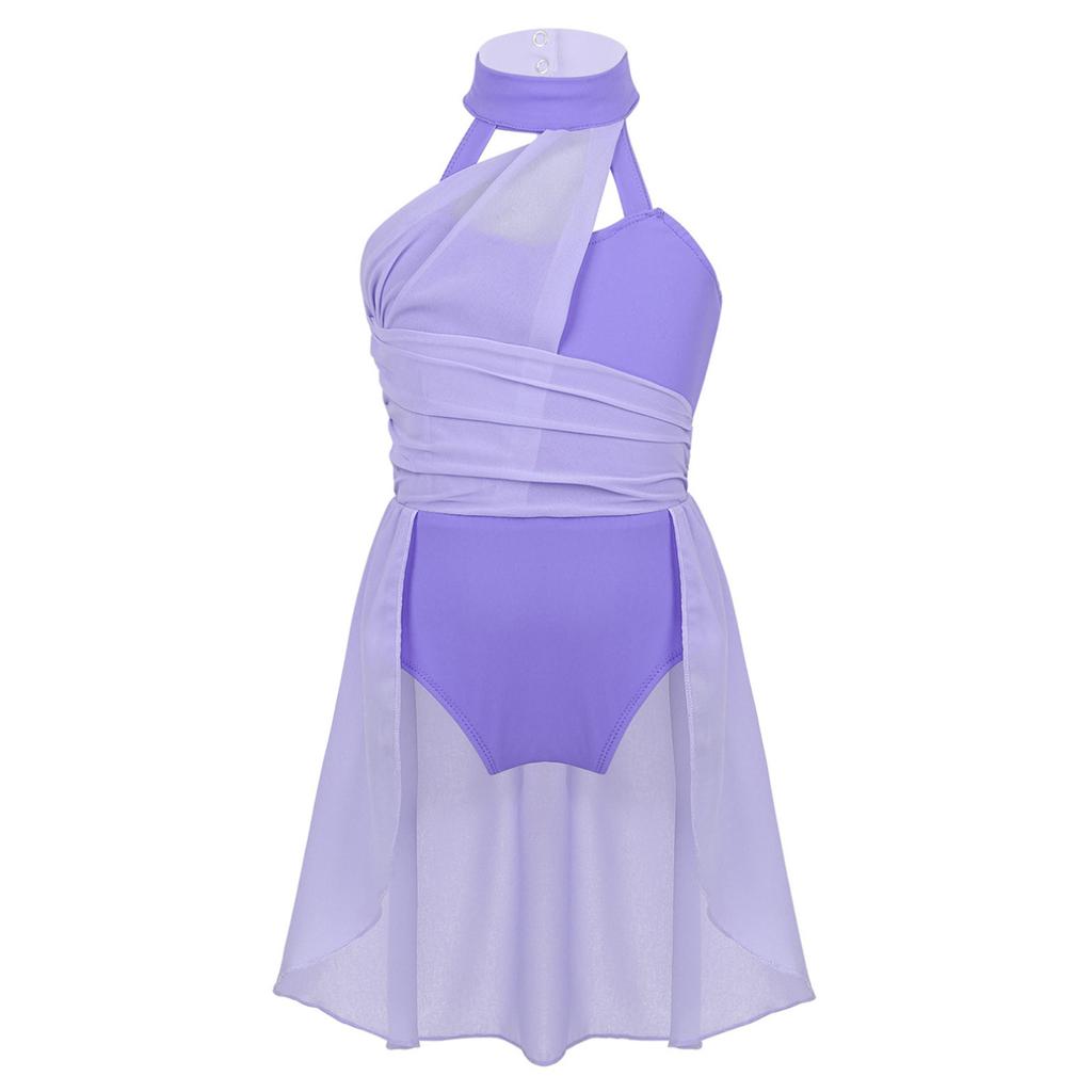 JanJean Girls Halter Neck Cutout Back Lyrical Dance Dress Leotard Modern Contemporary Performance Costume Lavender 16