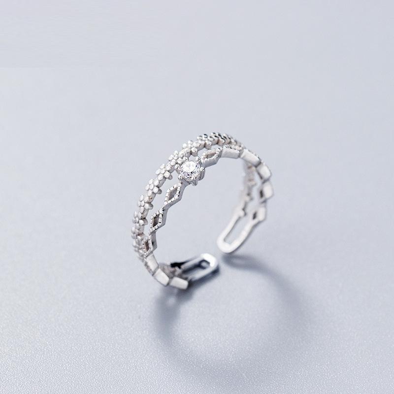 

Серебряное кольцо 925 пробы с двойным цветочным кружевом Корейская мода Открытое регулируемое кольцо с цирконами Подарок на День святого Валентина Тонкие ювелирные изделия