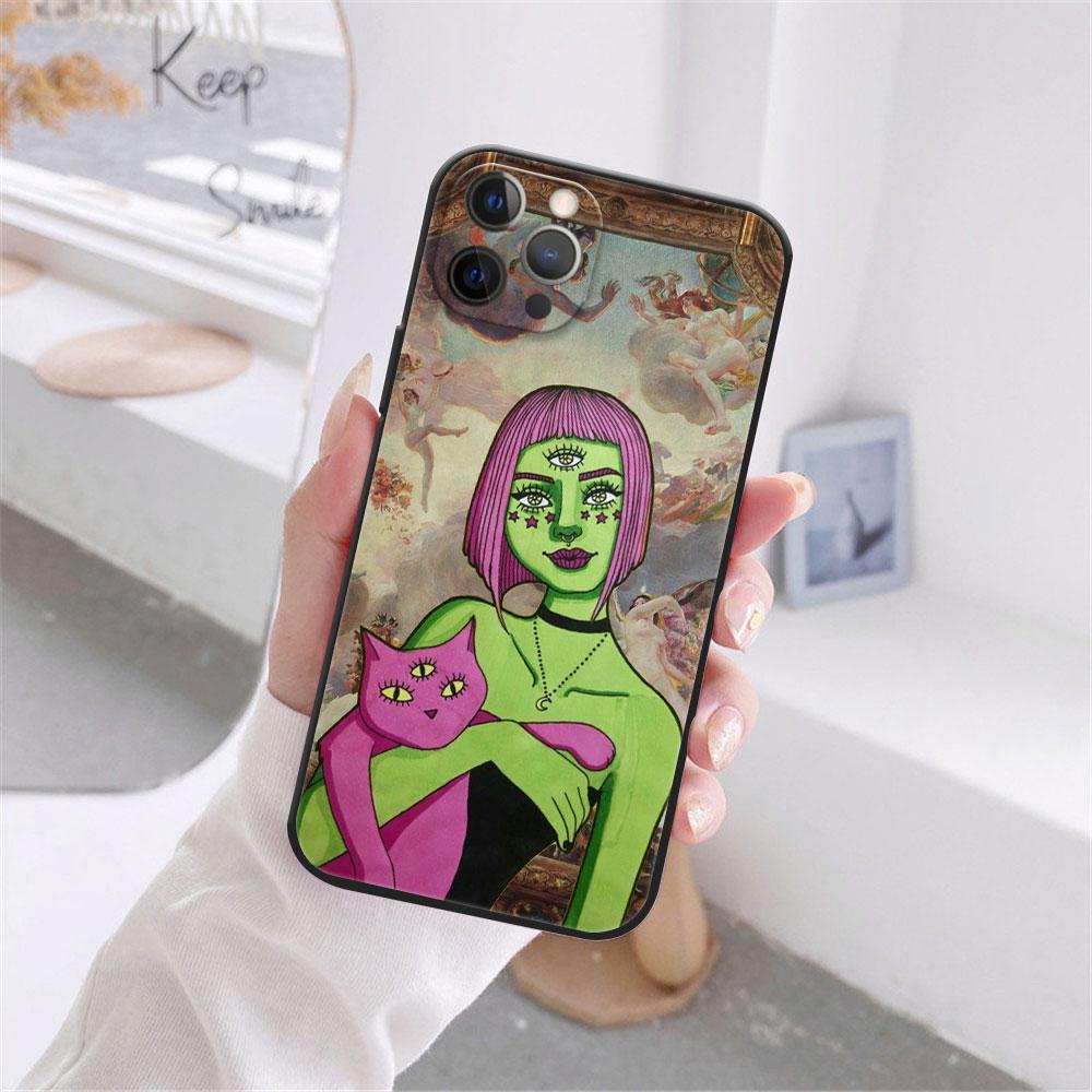 Pouzdro Fashion Devil Girl pro iPhone 12 13 11 Pro Max mini XR 7 8 Plus 2020 X Xs Max černé měkké TPU kryt