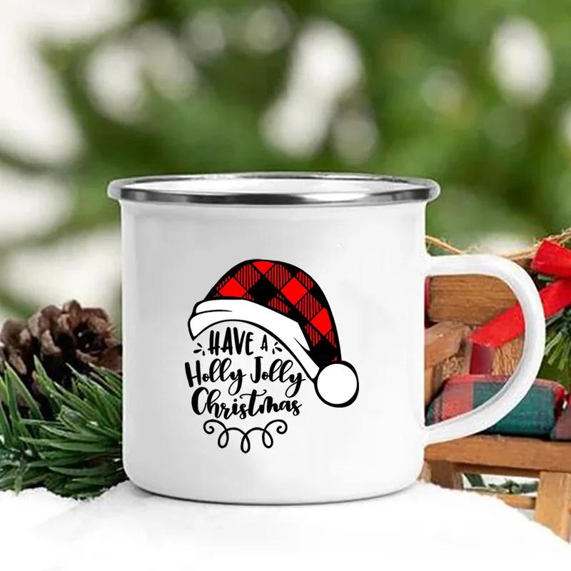 Merry Christmas Print Creative Enamel Coffee Tea Wine Drink Mug Dessert Hot Cocoa Milk Cup Cake Mugs Handle Drinkware Xmas Gifts