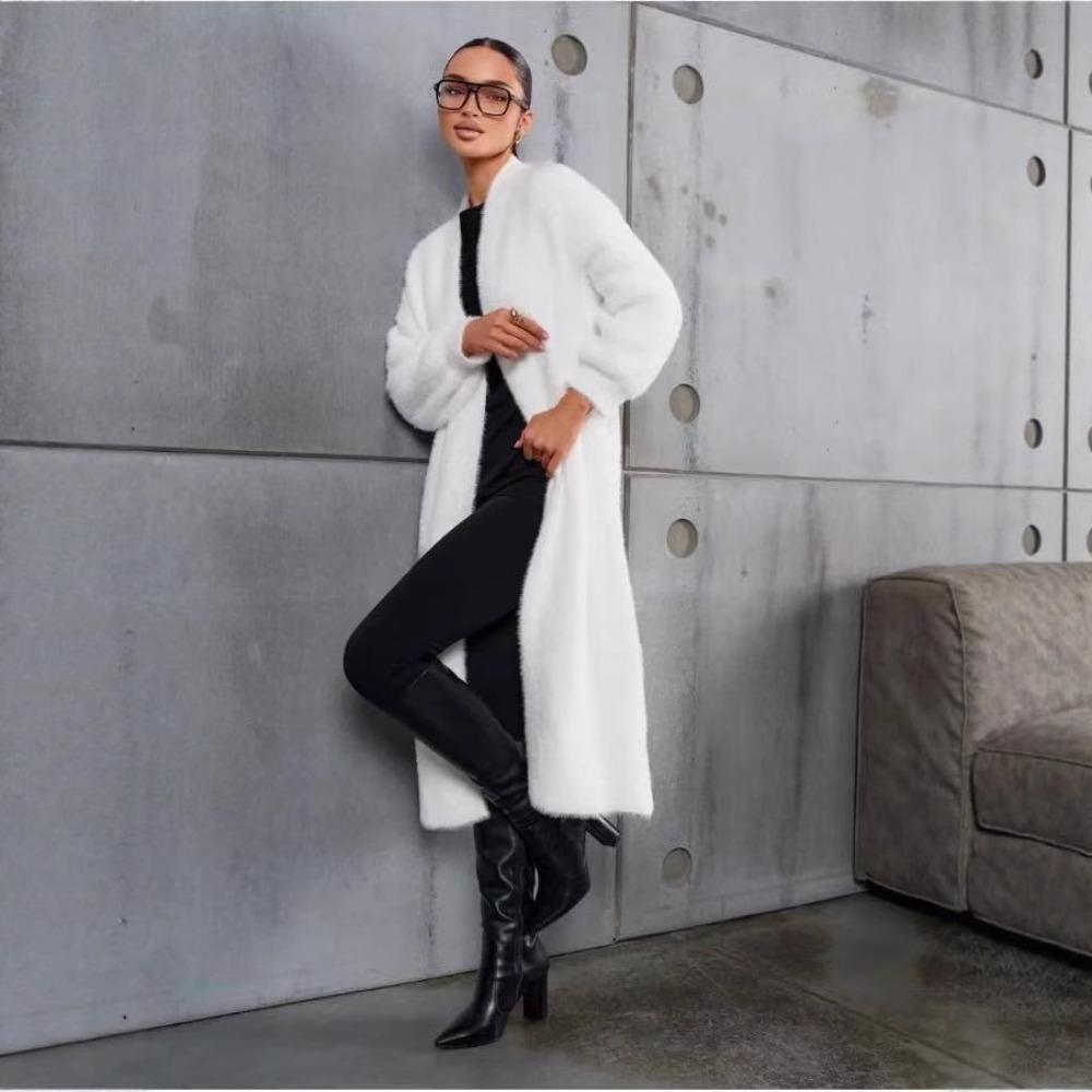 Faux Mink White Knit Cardigan Coat Women Autumn Winter Loose Fluffy Long Oversized Fuzzy Plush Sweater Jacket