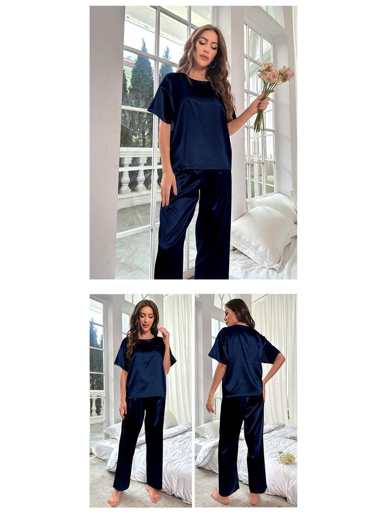 Yaoting Women's Summer Ice Silk Pajama Set - Short Sleeve Top & Long Pants, Loose Fit Casual Homewear 3147