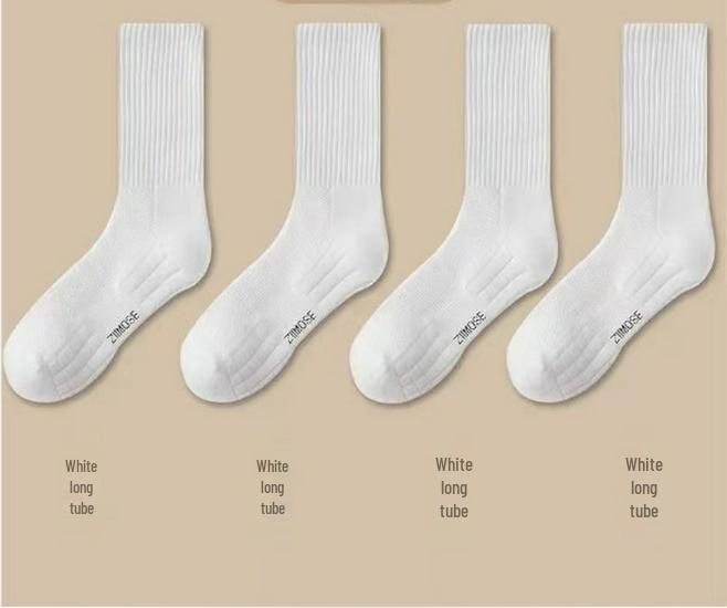 Unisex Terry Bottom White Cotton Mid-Calf Sports Socks - Odor-Resistant, Sweat-Absorbent, Ideal for Basketball.