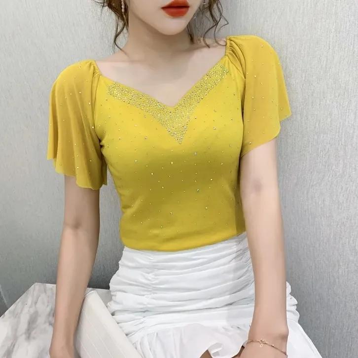 Women Summer Korean Clothes T-Shirt V-Neck Diamonds Ruffled Sleeve Tops