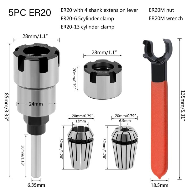 Router Shank Extension Rod Chuck Holder Extender Adapter ER20 Spring 6.5mm 12.7mm for Metalworking, Woodworking