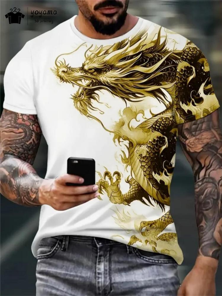 Summer Round Neck 3D Print Top Fashionable Casual Short Sleeved Dragon Pattern Men's T-shirts