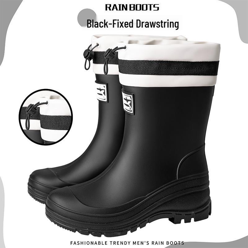 Women's Waterproof Velvet-Lined Mid-Calf Rain Boots: Drawstring, Wear-Resistant, Non-Slip Rubber for Cross-Border Fashion