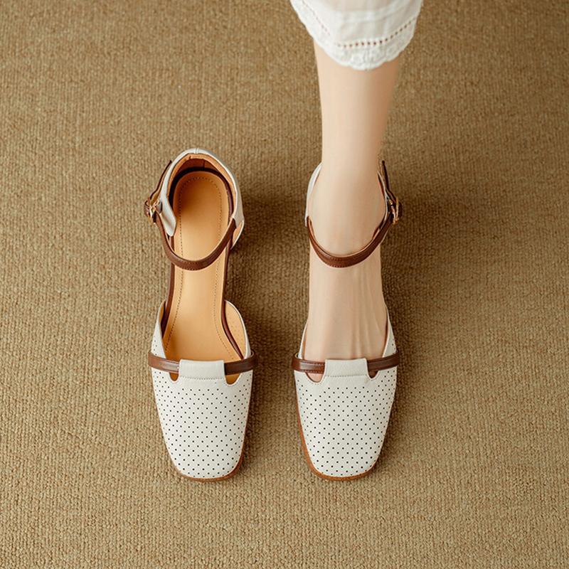 Fashion NEW Summer Women Sandals Split Leather Shoes for Women Square Toe Chunky Heel Shoes Plus Size Cover Toe Slingback Hollow Sandals