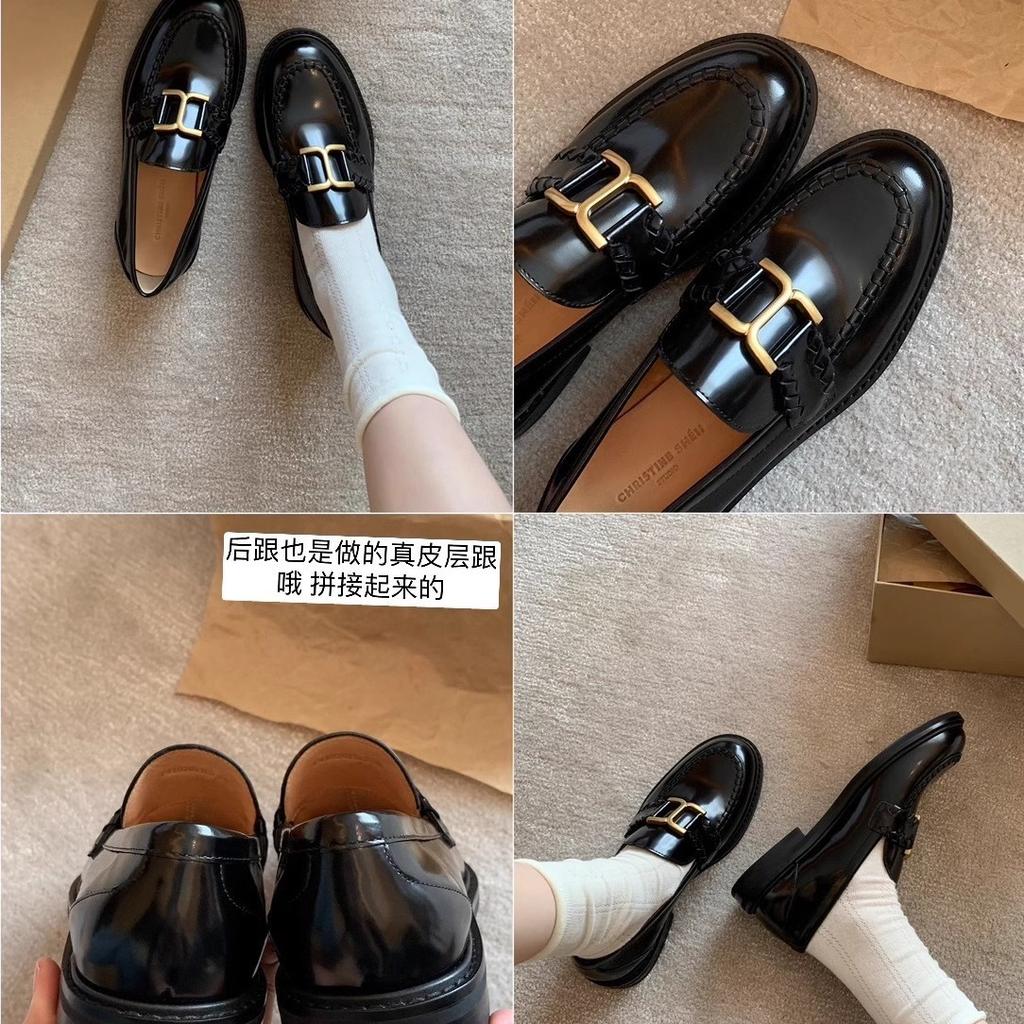 Cowhide version ~ Su Yinyin's same retro small gold buckle genuine leather thick sole is heightened and a foot of loafers women's small leather shoes