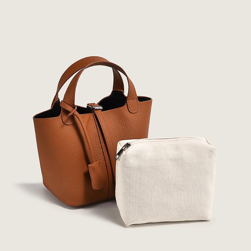 Echte Lederhandtasche, Damenhandtasche aus erster Schicht Rindsleder, lässige Mutter-Kind-Tasche, modische und schlichte Tasche aus Rindsleder mit Litschi-Muster, ein Stück