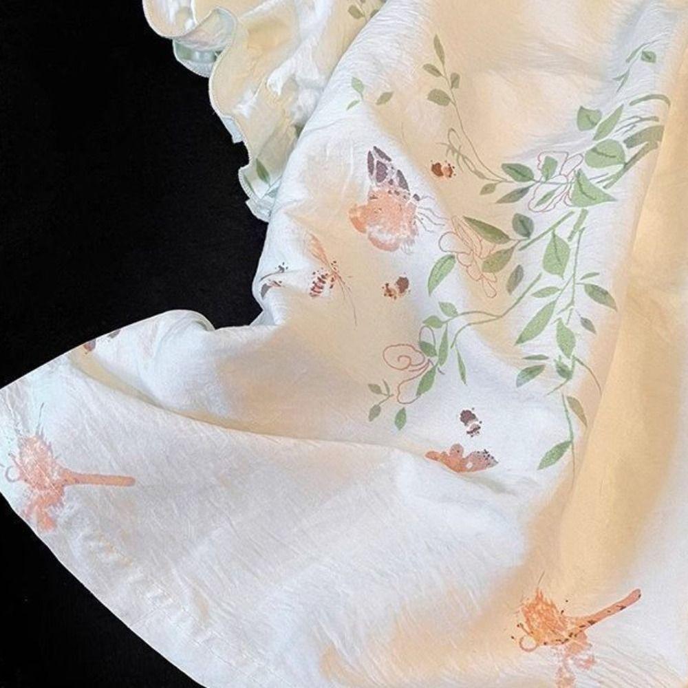 Chinese Style Lace Up Pajama Suit Flower V-Neck Shorts Sleeve Nightwear Women Homewear Loose Two Pieces Sleepwear Sets Home
