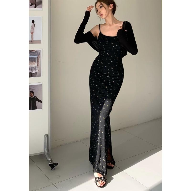 French Light Luxury High-end Black Floral Slit Suspender Dress Fashion Casual Women's Hip Long Skirt
