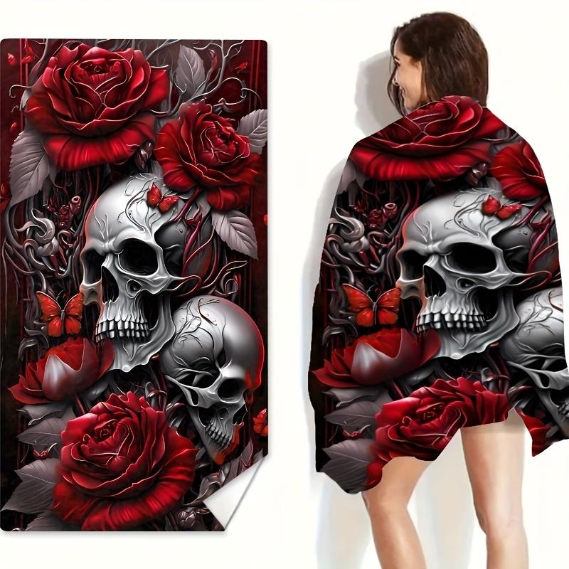 Serviette de Plage Crâne Rose Rouge Gothique Papillon Style Tatouage Vintage Résistante au Sable Séchage Rapide Grande Douce Couverture Serviette de Bain Plage