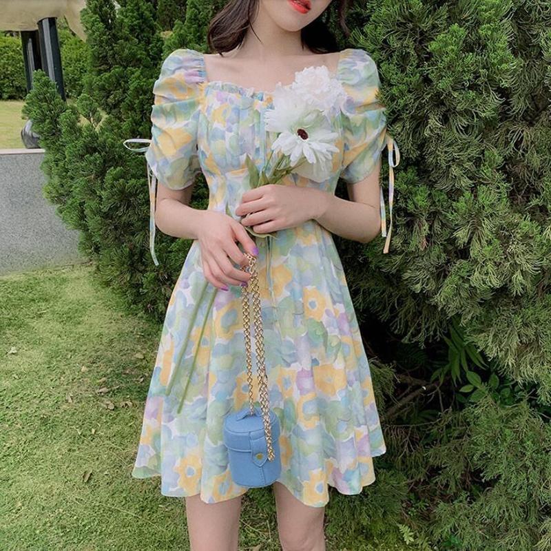 IELGY summer new style short-sleeved high-waisted a-line French square neck floral dress for women S