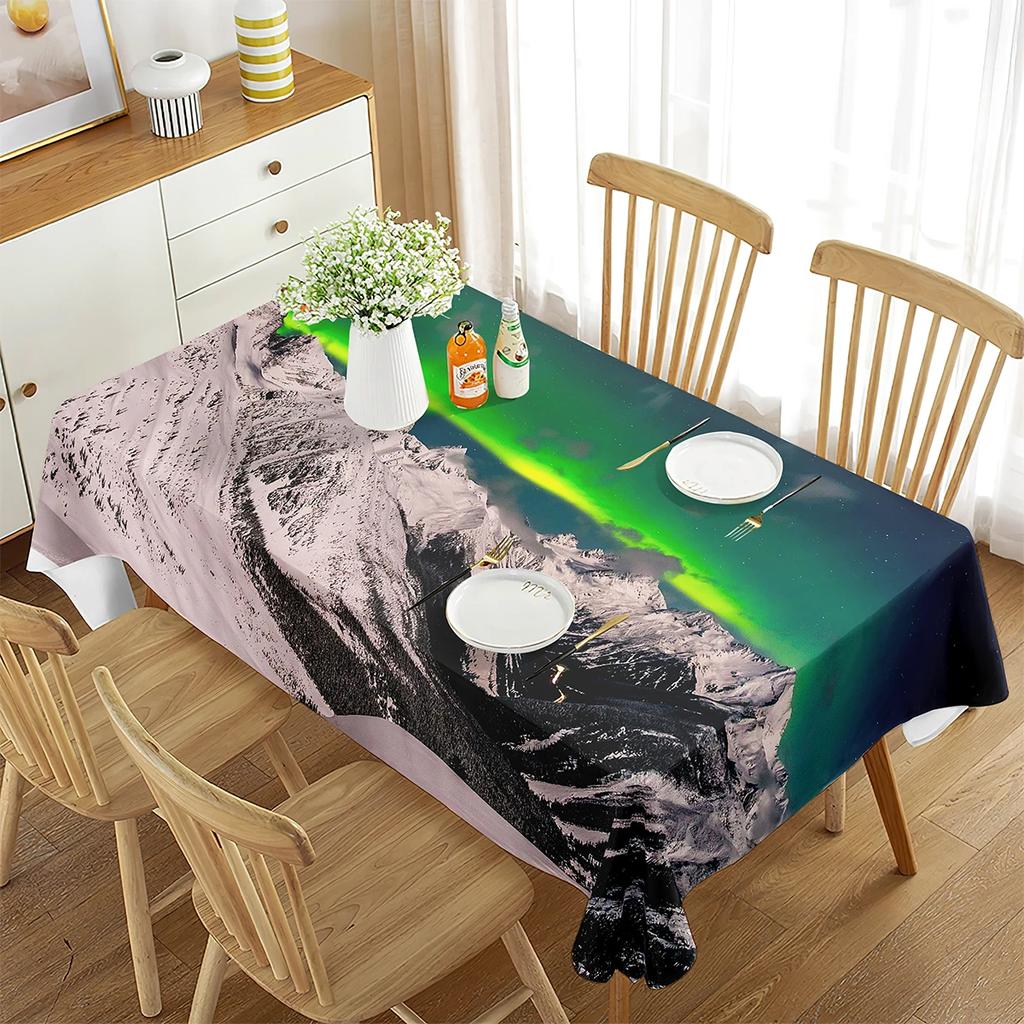 Winter-Themen-Tischdecke Schneebedeckte Berge Sonne scheint auf die Berge Ästhetische Dekorationen Zuhause Esszimmer Küchentisch Gelb