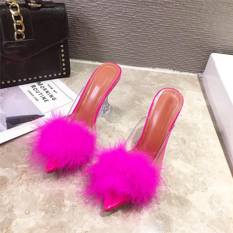 

Eilyken/женские прозрачные меховые туфли-лодочки на высоком каблуке с перьями, шлепанцы, туфли-лодочки с открытым носком, шлепанцы, белая женская обувь 38 розы красного