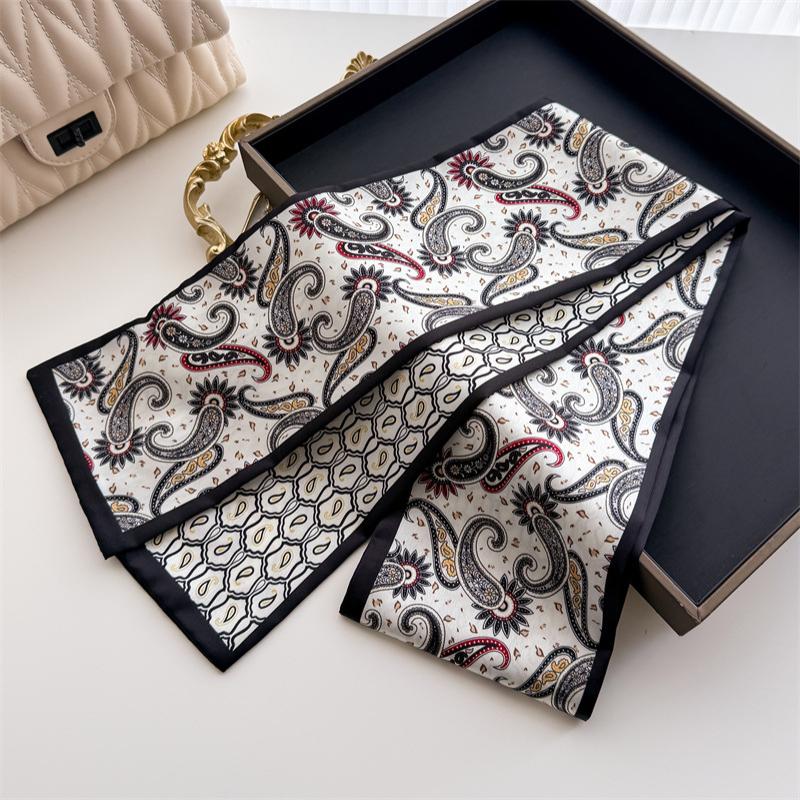 Women Silk Feel Printed Design Scarf Shawl Luxury Long Narrow Small Silk Scarves Ladies Headband Headscarve