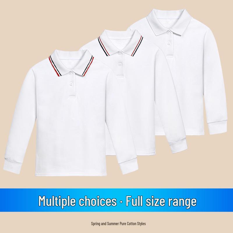 Children's White Cotton Polo Shirt with Striped Collar - Long Sleeve School Uniform for Boys and Girls