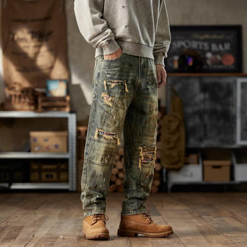 American Retro Spring and Autumn Models New Loose Personality Ripped Patch Harlan Jeans Men's Trousers