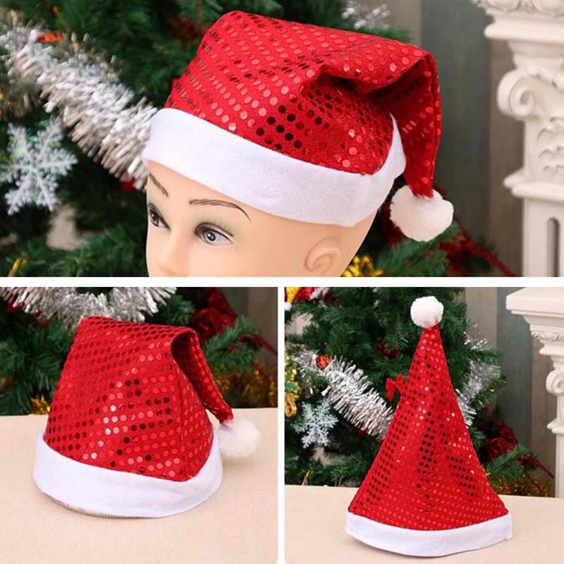 WTEMPO Solid Color Sequined Adult Christmas Hats Christmas Decorative Hats Santa Claus Hats Christmas Party Performance Decorative Hats