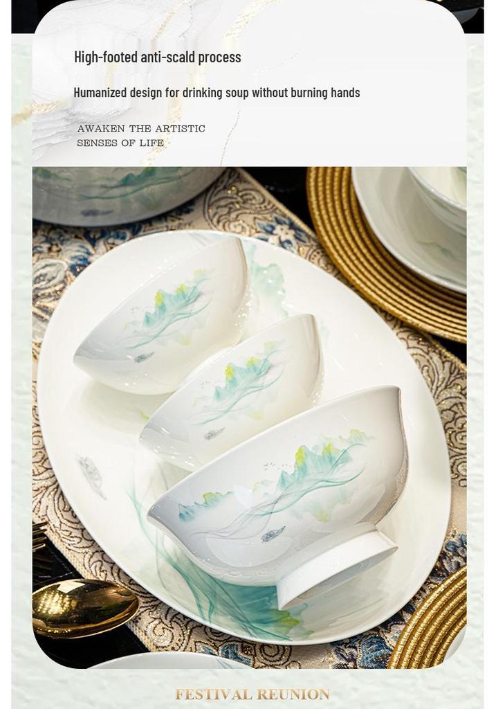 Tangshan Bone China Bowl Set: Rice, Soup, Noodle Bowls & Plates with Chopsticks - Perfect Housewarming Gift