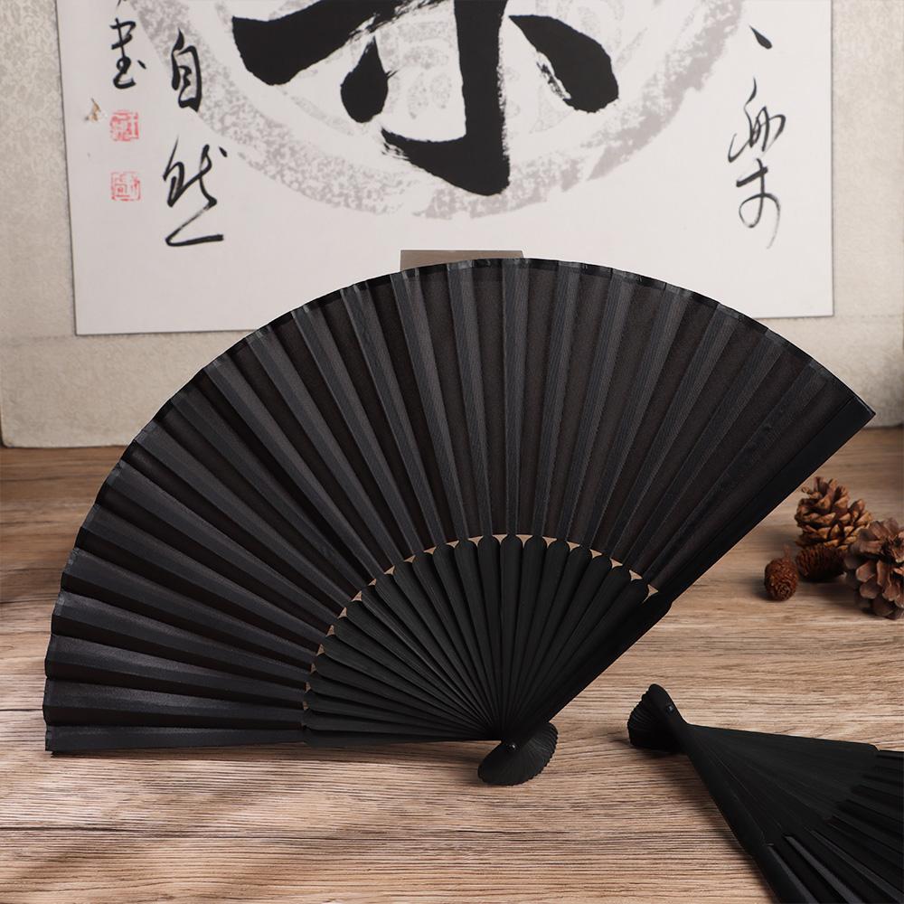 8.27"(21cm) Desktop Ornament Dance Props Bamboo Fans Ribs Hand Held Chinese Style Black Silk Folding Fan