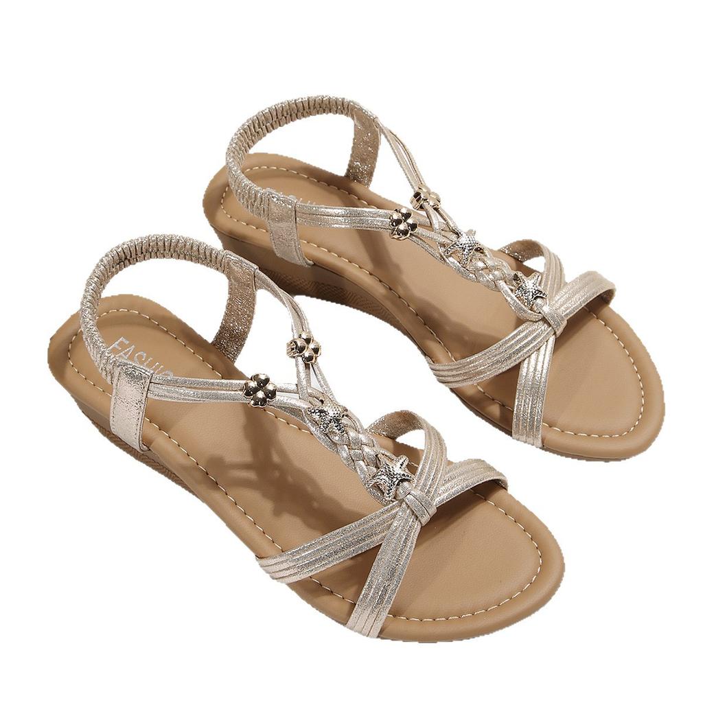 2025 léto nové sandály na klínku dámské kulatá špička s otevřenou špičkou módní korálkové bohémské sandály dámské