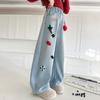 Mädchen Weitbeinjeans Gerade Beinjeans Frühling und Herbst Kinderjeans Locker Handtuchbestickte Hose Jeans
