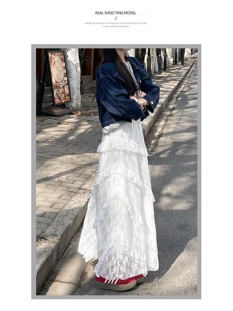Women's White Lace A-Line Irregular Long Skirt, Spring/Autumn 2026 Collection