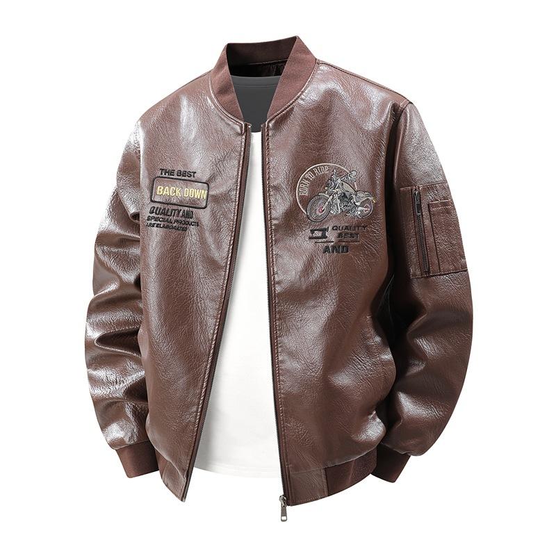 New spring large size leather jacket men's spring and autumn Hong Kong style men's fashion jacket large size plus fat loose stand-up collar men
