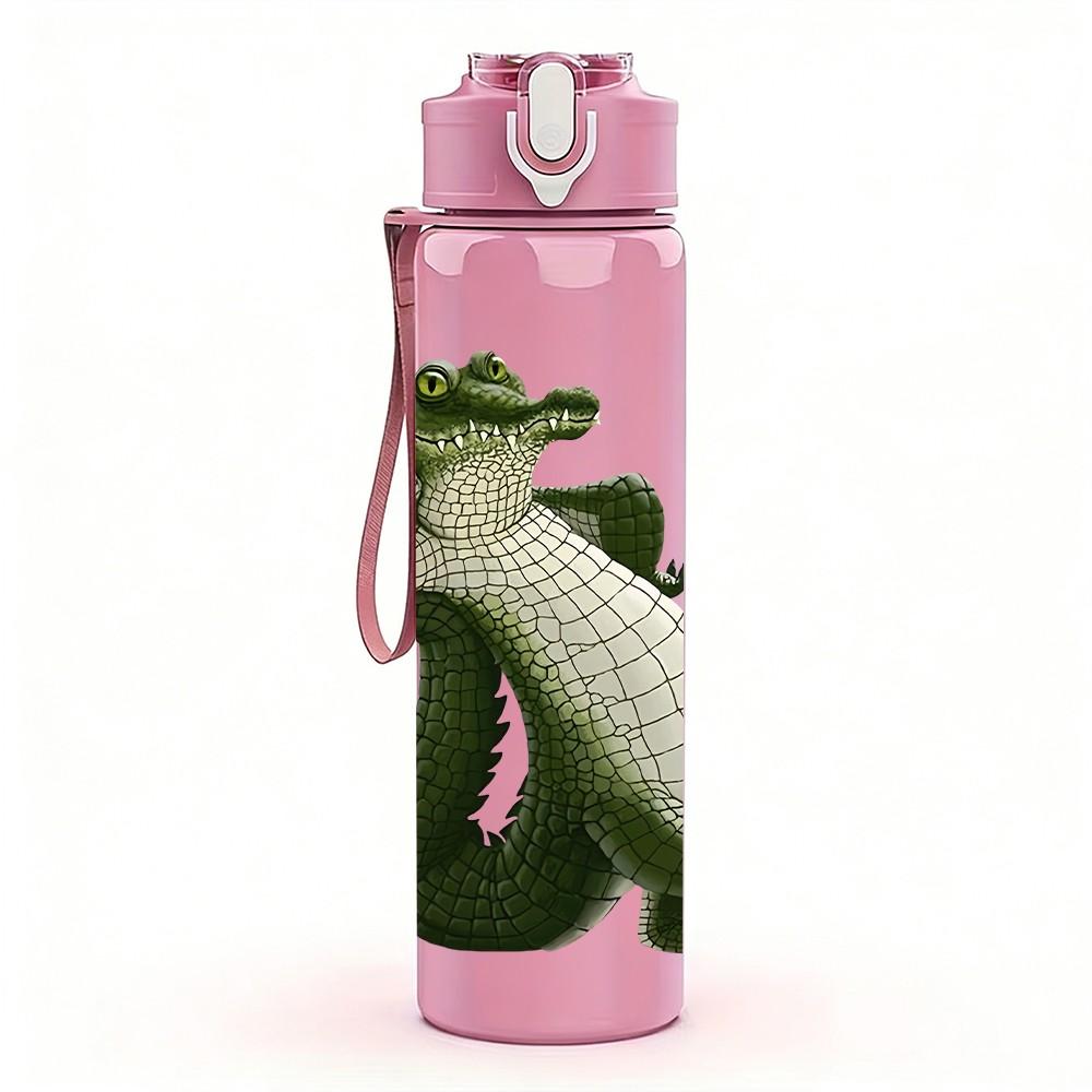 1PC Green Crocodile Reptile Pattern 750ml Color Plastic Sports Water Bottle Leakproof Flip Straw Lid Suitable for Sports Office Home Use