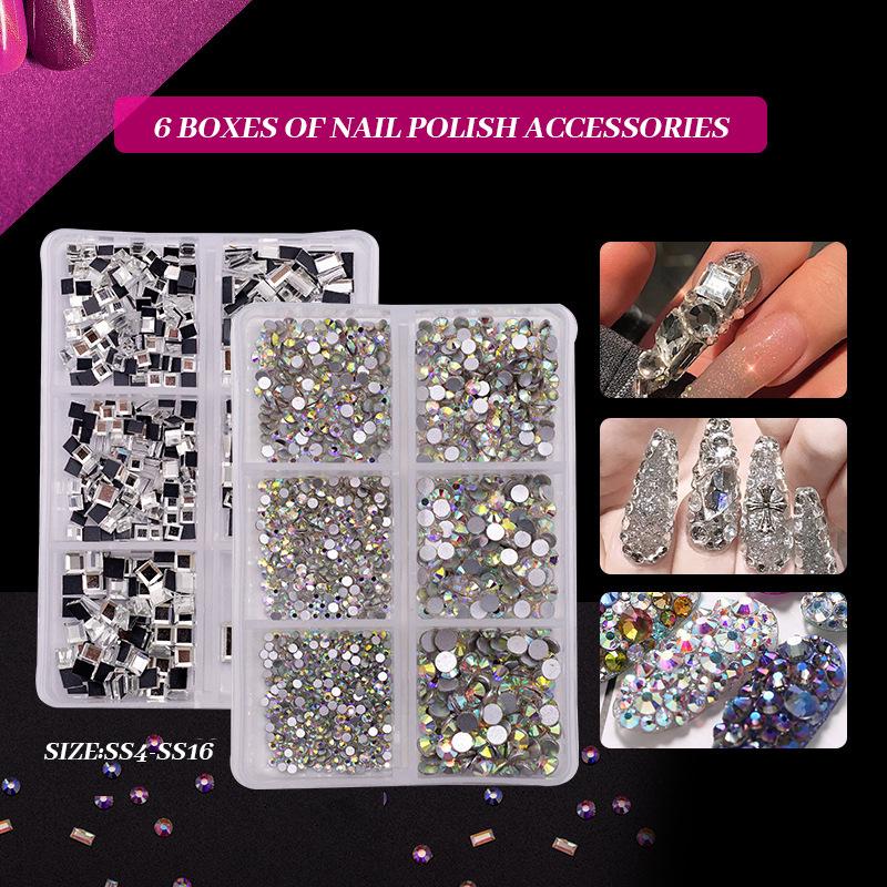 Mixed Color AB Rhinestones: Round, Flat Bottom, Silver & White in 6-Grid Box for DIY Nail Art.