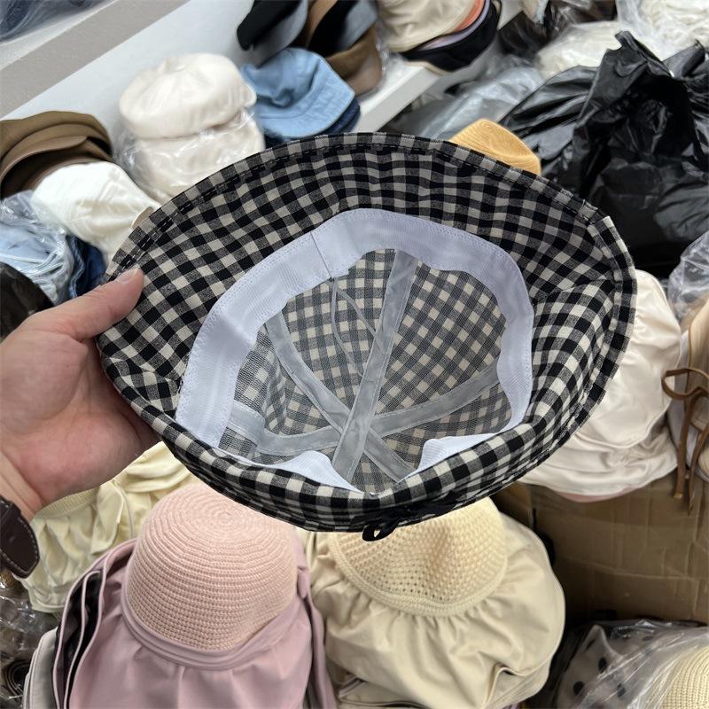New cornice bow plaid fisherman's hat children's cotton and linen light breathable basin hat showing a small face versatile bucket hat