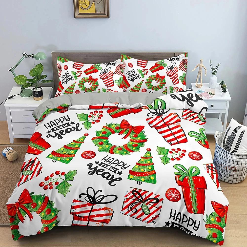 3D Merry Christmas White Bedding Sets Xmas Duvet/Quilt Cover Set Polyester Comforter Cover King Queen Full Twin Red Bow Beige