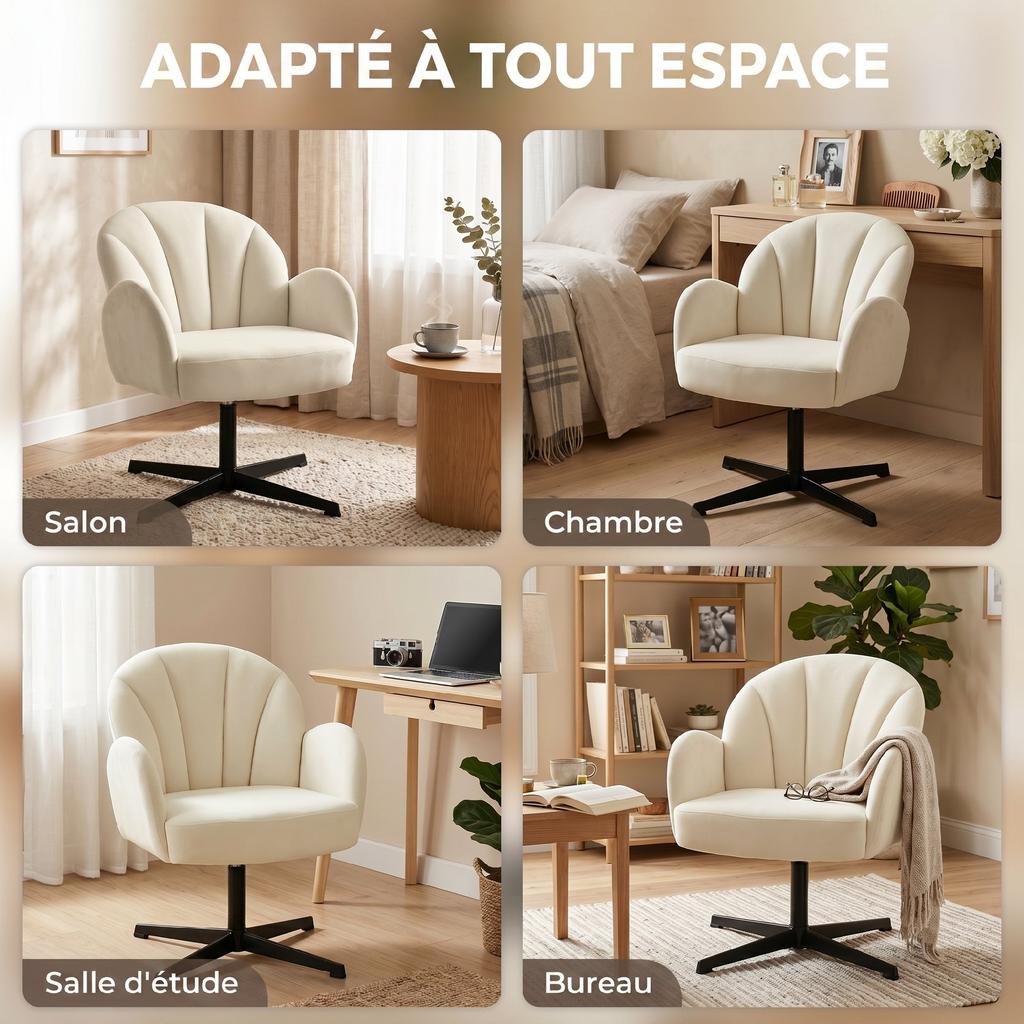 Swivel Lounge Chair, Velvet Accent Chair, Shell Backrest, Beige